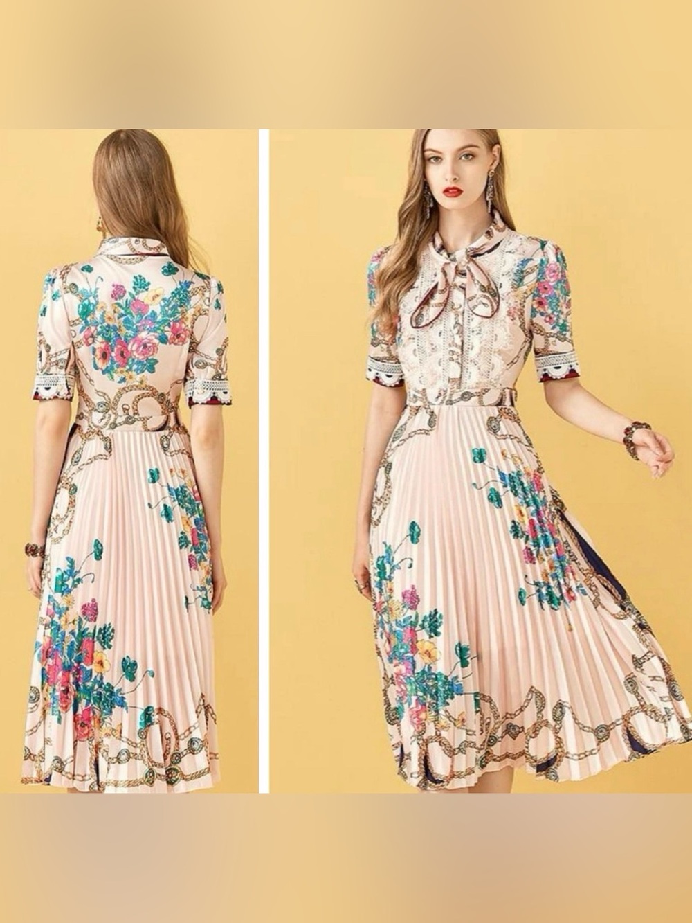Dalia MacPhee Floral Tie-Neck Pleated Midi Dress in Blush Pink, Size L